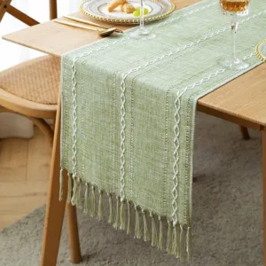 Green Table Runners With Boho Rustic Tassels