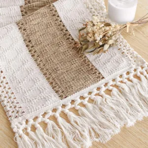 Cream & Brown Macrame Table Runner with Tassels